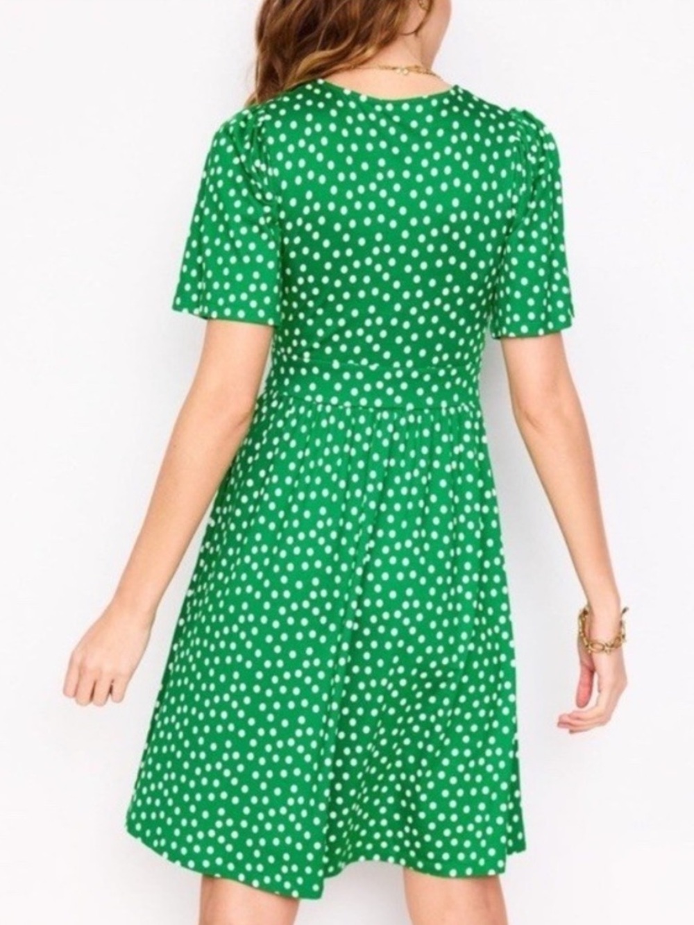 Boden Louisa Short Jersey Dress Green White Polka Dot size 4 R - Picture 3 of 9